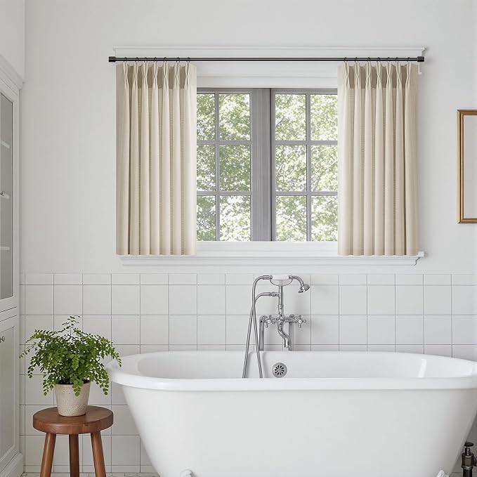 Beige Flax Linen Pleated Curtains 36 Inch Length 2 Panels for Kitchen Dining Room Pinch Pleat Drapes with Hooks Rings Semi Sheer Light Filtering Modern Farmhouse Short Curtains for Small Window