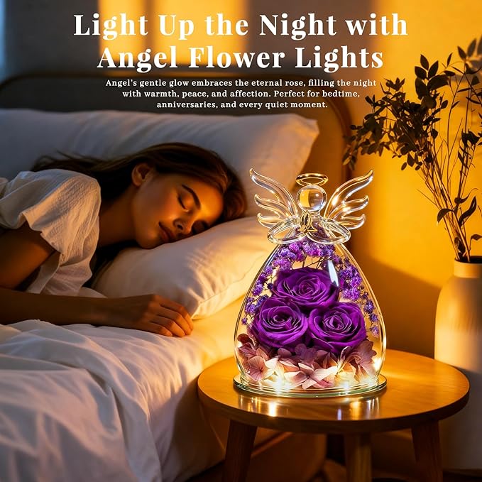 Beferr Mothers Day Mom Birthday Gifts for Women, Fresh Flowers for Delivery Forever Preserved Rose in Glass Angel Figurine, Anniversary Christian Real Rose for Grandma Nana Wife Mum from Daughter Son