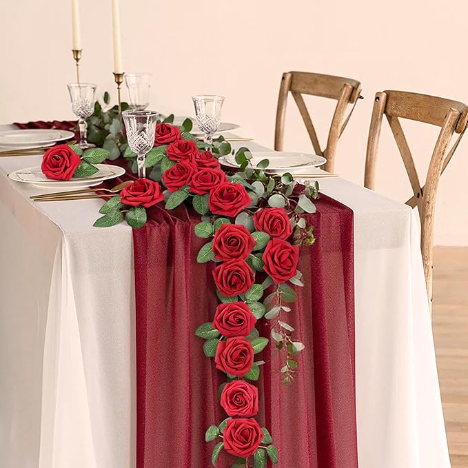 Mocoosy 50 Pcs Artificial Flowers Red Roses Bulk, Real Looking Fake Foam Roses with Stems DIY Wedding Bouquet Floral Arrangement Bridal Shower Centerpieces Mother's Day Party Home Table Decorations
