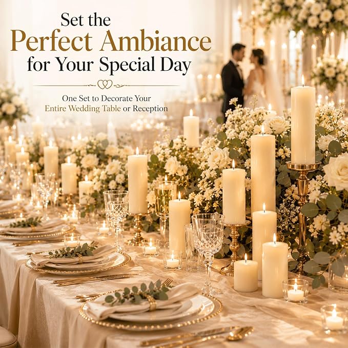 Soy Wax Pillar Candle Set of 18,Unscented White Pillars (2x3, 2x6, 2x8 in) & 12 Tea Lights, Long Clean Burning, Smokeless Natural Soy Candles for Wedding, Party, Home,Dinner Table, Emergency