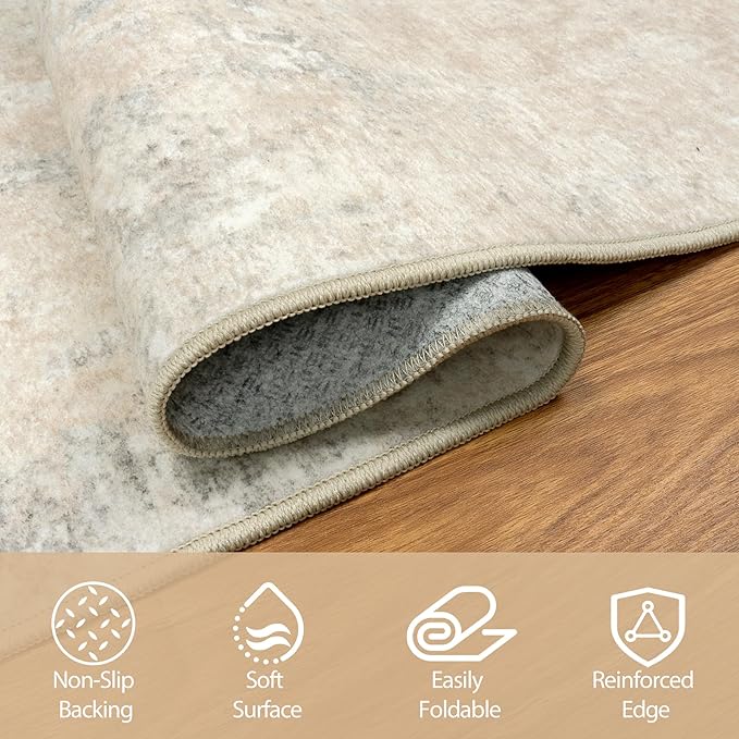 Round Rug 6ft Circle Rug Washable: Carpet Small Circular Area Rug for Entryway Kitchen Bedroom Dining Room Living Room 6 Feet Abstract College Dorm Non Slip Low Pile Beige Grey