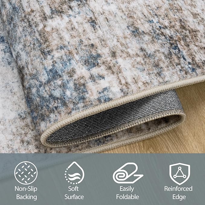 6x9 Area Rugs for Living Room Rug Washable: Abstract Rug for Dining Room Bedroom Carpet Non Slip 6 by 9 Indoor Modern Nursery Home Office White Brown Blue