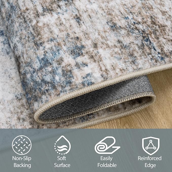 10x14 Area Rugs for Living Room Rug Washable: Abstract Large Rug Indoor Modern Carpet Non Slip for Dining Room Bedroom Nursery Home Office White Brown Blue