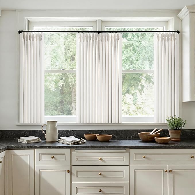Ivory White Short Linen Curtains 36 Inch Length 2 Panels Set for Small Windows Bedroom Rustic Farmhouse Linen Light Filtering Pinch Pleated Drapes Back Tab Semi Sheer Kitchen Curtains 36 Inches Long