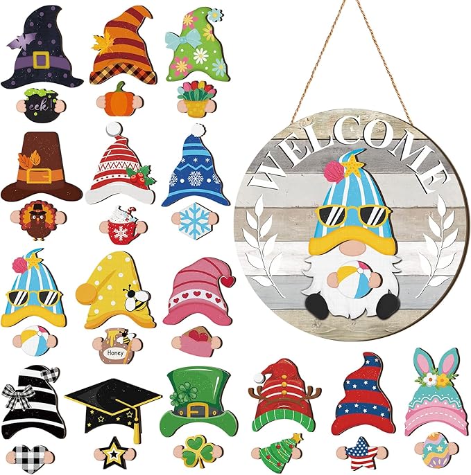Qunclay Interchangeable Wooden Gnome Decor Holiday Seasonal Gnome Decorations with Magnet Pieces and Detachable Hats Changeable Welcome Sign for Home(Yellow and Grey)