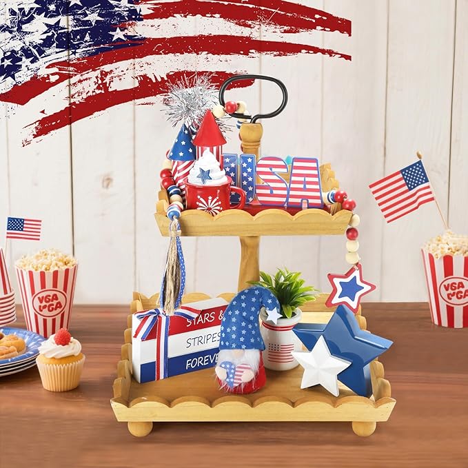 4th of July Decorations 8 Pcs Tiered Tray Decor, Patriotic Memorial Day Independence Day Decorations for Home Office Indoor, Fourth of July Table Centerpiece Shelf Mantel Red White and Blue Decor Sign