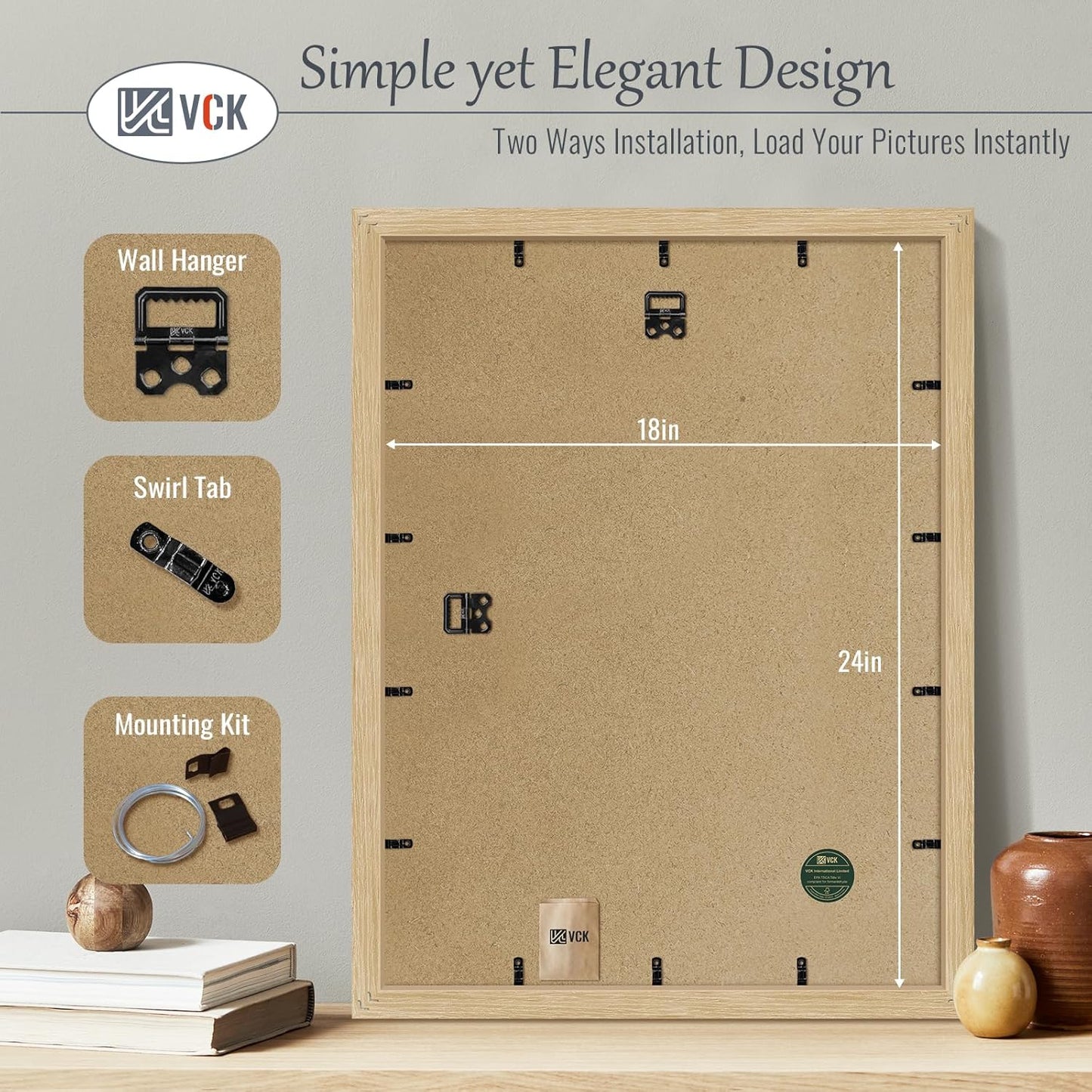 VCK 18x24 Oak Wood Frame for Poster & Picture, Natural Solid Wood Photo Frames 3 Pack, Wall Mounting Hanging