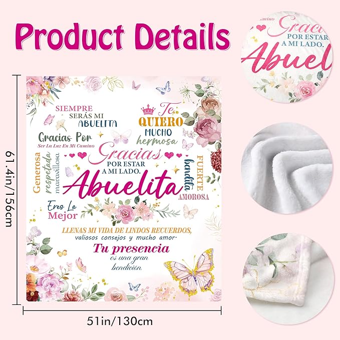 Abuela Gifts Manta in Spanish, Grandma Gifts from Grandkids, Gratitude Quotes Flowers Print Soft Cozy 50x60 Throw Blanket Regalos para Abuela, Home Decor for Bed Sofa