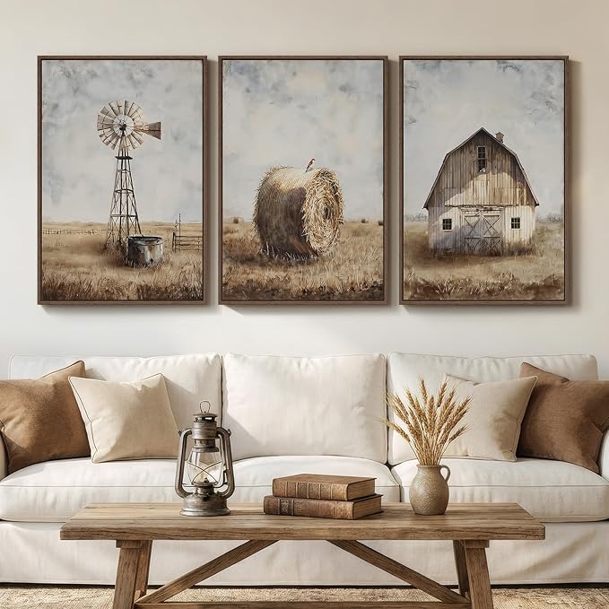 Framed Vintage Farmhouse Wall Art for Living Room, Set of 3 Neutral Rustic Barn Windmill Large Canvas Prints, Country Hay Bale Wall Decor for Bedroom Dining Room Hallway 20x30 Inch