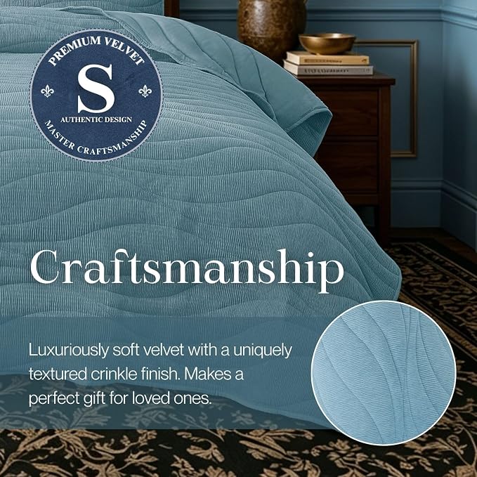 DOWN HOME Crinkle Textured Velvet Quilt Set with Shams, All-Season Luxury Modern Bedding,Easy Care Comforter,Ultra-Soft,Lightweight & Breathable, Cali King, Celestial Blue