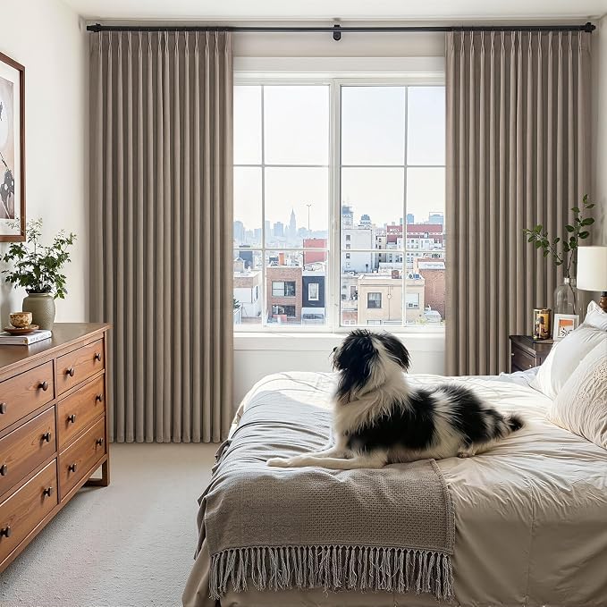 Dark Taupe Linen Curtains Pinch Pleated 94 Inch Long 2 Panels for Living Room Bedroom Thick Linen Textured Semi Sheer Rustic Farmhouse Back Tab Pleat Drapes with Hooks Floor to Ceiling Curtains Flax