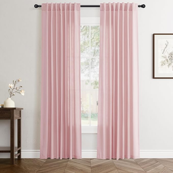 Jowels Pink Linen Curtains 80 Inch Long 2 Panels for Living Room | Light Filtering Semi Sheer Curtain, Back Tab Pocket Pleated Look, Boho Farmhouse Textured Privacy Drapes for Bedroom Window