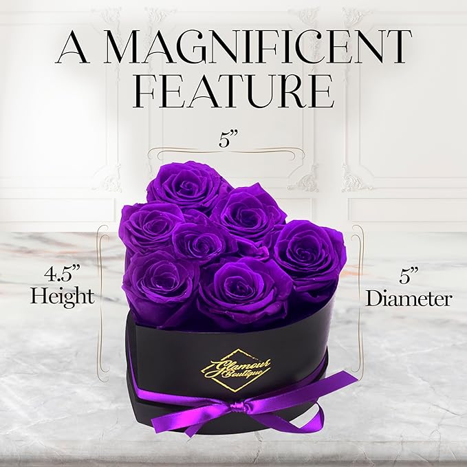 GLAMOUR BOUTIQUE 7 Flower Forever Heart Shape Box, Eternal Preserved Roses Gift for Her, Lasting Flowers, Petite Floral Heart Box for Birthday, Anniversary or Valentine’s Day, Purple (Color-Treated)