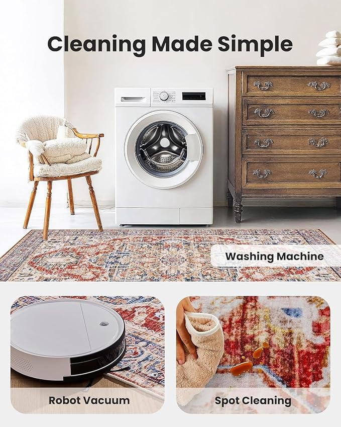 AMADA HOMEFURNISHING 9x12 Washable Area Rug, Low-Profile Large Area Rug with Non-Slip Backing & Durable Edge Binding, Vintage Large Rugs for Living Room, Bedroom & Dinning Room