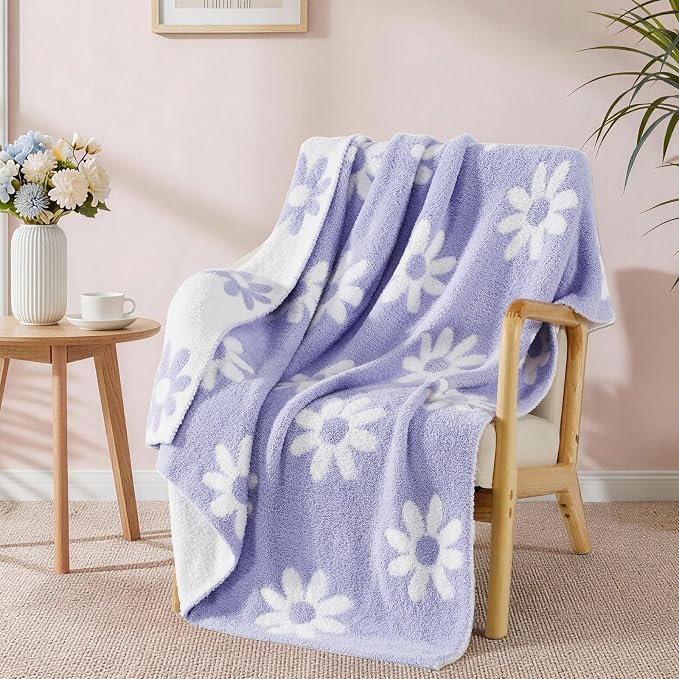 WRENSONGE Soft Throw Blanket for Couch-Cozy Reversible Knitted Blankets | Lightweight Warm Fluffy Decor for Women, Mom, Her & Girls, Sofa, Chair, Bed, 50x60in,Daisy Floral Purple