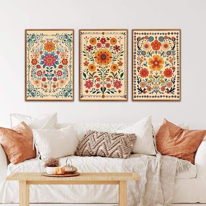 HOURIA 3Pcs Framed Mexican Floral Canvas Wall Art (24"x36"), Abstract Orange Botanical Latin Folk Wall Decor, Vintage Mid Century Modern Tropical Flower Art Print for Office Farmhouse Bedroom