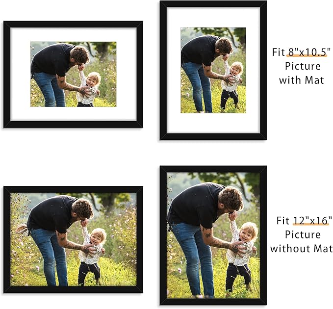 Picrit 12x16 Picture Frame Set of 12, Display 8.5x11 with Mat or 12x16 without Mat, Photo Frames for Wall Mounting Display, Black