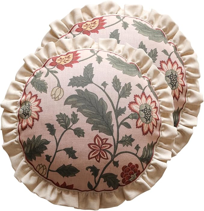 ISAENNE Vintage Linen Throw Pillow Cover,Set of 2,Diameter 16"-Ratina A | Designer Elegant Round Pillow Cover,Concealed Zipper Design,Floral Pattern,Sofa,Bedroom,Living Room,Lounge Chairs