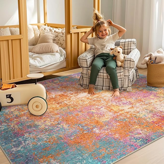 RELEANY Washable Area Rugs 6'x9' Non-Slip Modern Abstract Soft for Living Room Entryway Bedroom Nursery, Print Pattern, Orange Blue Pink Yellow Colorful