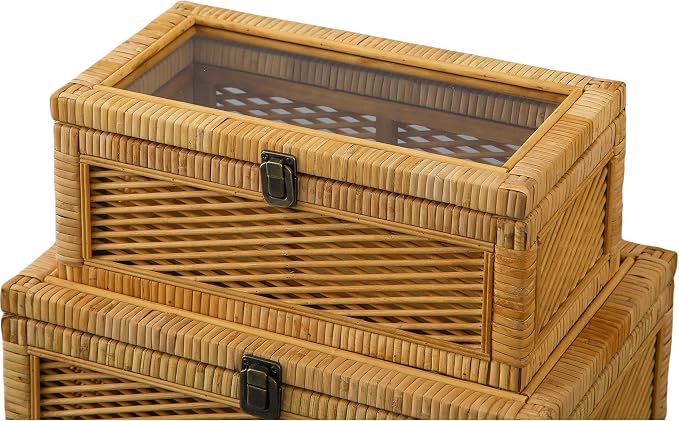 SOFE Rectangular Rattan Storage Box with Lid, Boho Display Box Set of 2, Stackable Decorative Boxes for Home Decor, Multipurpose Shelf Organizer, Natural Color Design, Living Room, Study, Bedroom