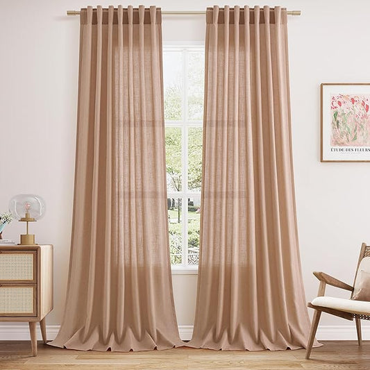 Nanspring Peach Linen Curtains 102 Inches Long Rod Pocket Back Tab Drapes 2 Panels Set for Girl Kids Bedroom Light Filtering Semi Sheer Peach Curtain 102 Length for Patio Door Bedroom 52x102