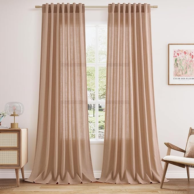 Peach Linen Curtains 90 Inch Long 2 Panels for Girl Bedroom Soft Linen Textured Window Drapes Semi Sheer Light Filtering Rod Pocket Back Tab Farmhouse Curtain Soft Vibrant Living Room 52x90