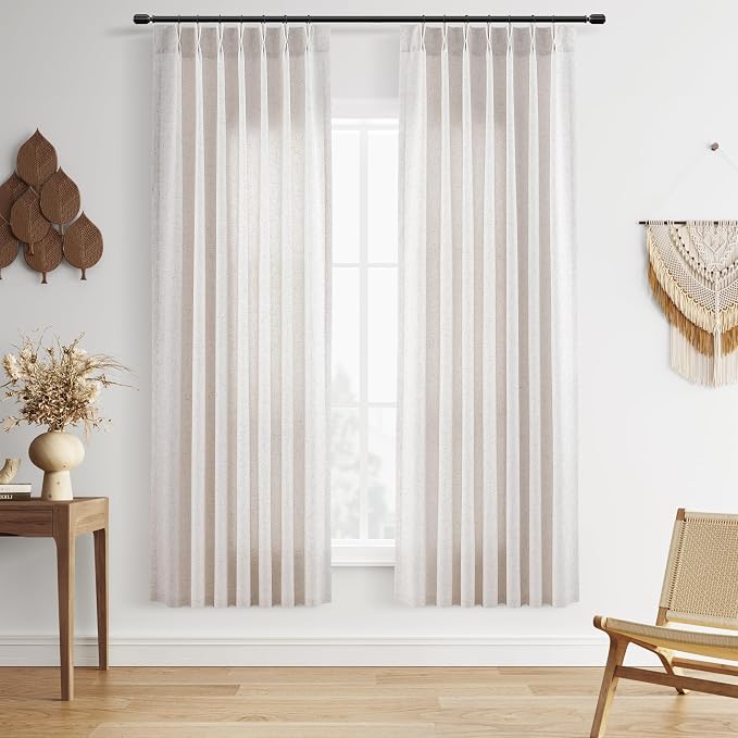 Guken Beige Pinch Pleated Boho Farmhouse Linen Curtains 72 Inch Length 2 Panels Light Filtering Neutral Modern Window Privacy Pinch Pleat Hooks Rings Back Tab Treatment for Living Room Bedroom 40x72