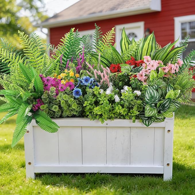 Alupssuc 48Pcs Artificial Flowers and Plants,UV Resistant & No Fade Fake Plastic Greenery Shrubs for Home Garden, Pathway, Front Porch-Spring Summer Decor, Indoor/Outdoor Use, Red Purple Pink Blue