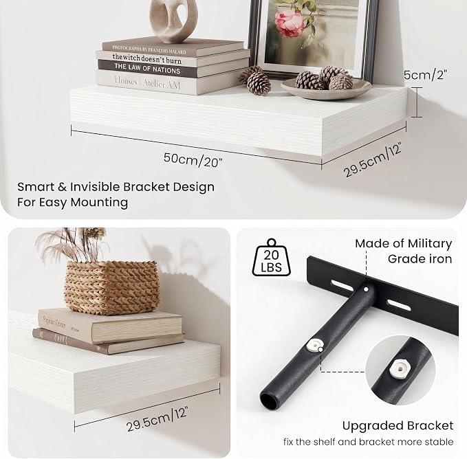 Fun Memories Wood Floating Shelves 20 Inch, 12 Inch Deep Shelves Wall Mount, Wall Shelves with Invisible Bracket, 20" Floating Shelves for Living Room Bathroom Bedroom, White, Set of 2