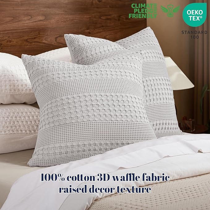 PHF 100% Cotton Waffle Weave Euro Sham Covers, 2 Pack 26" x 26" Bed Pillow Covers for Elegant Home Decor, No Filling, Luxury Aesthetic Soft Euro Pillow Cases for Bed, Light Grey
