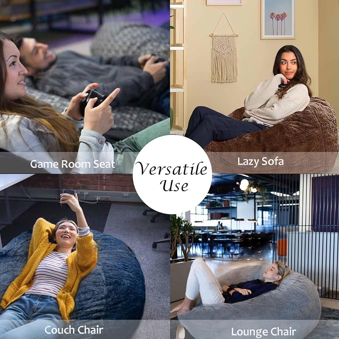 BCU Bean Bag Cover Comfy Beanbag Chair for Adults Without Filler Faux Fur Floor Chair Lazy Sofa Cover Comfy for Living Room Chairs, Blue, 3.5FT