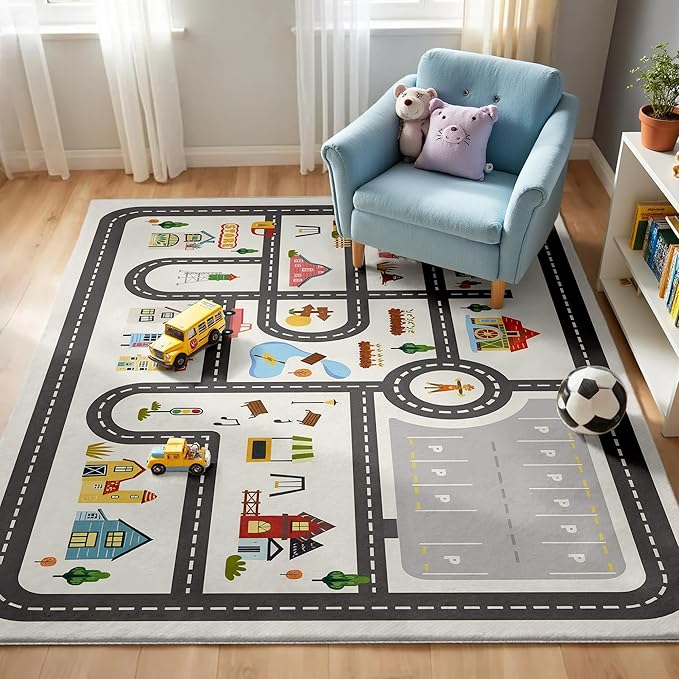 4x6ft Kids Town Road Play Rug - Non-Slip Faux Wool Carpet with Interactive City Map Design, Educational Toy Vehicle Mat for Kids, Bedroom Playroom Nursery Gift.