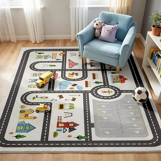4x6ft Kids Town Road Play Rug - Non-Slip Faux Wool Carpet with Interactive City Map Design, Educational Toy Vehicle Mat for Kids, Bedroom Playroom Nursery Gift.