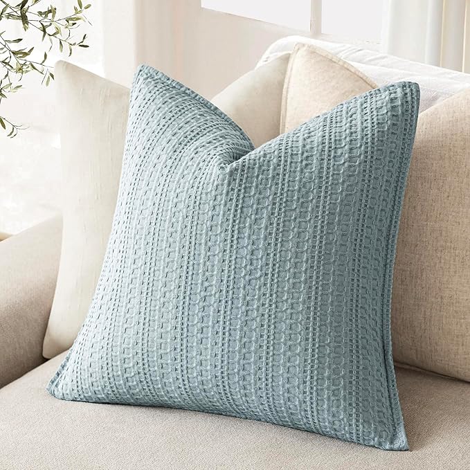 Foindtower Set of 2 Decorative Cotton Waffle Weave Throw Pillow Covers Euro Shams Cushion Covers Accent European Pillowcase for Bed Couch Sofa Bedroom Living Room Home Decor 18×18 Inch Light Blue