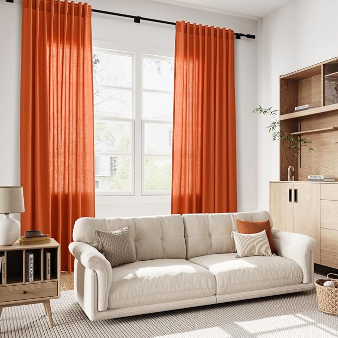 Nanspring Bright Orange Linen Blend Light Filtering Back Tab Curtains 108 Inches Long, Semi Sheer Privacy Drapes for Living Room & Bedroom, 52x108 inch, 2 Panels