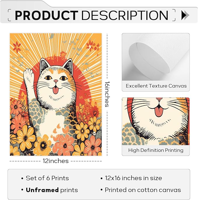 Japanese Cat Wall Art Funny Cat Canvas Poster Anime Wall Decor Asian Tattoo Prints Japan Wall Art Cute Artwork Tokyo Kitten Poster Vintage Pictures for Living Room Bedroom 12x16 Inch Unframed Set of 6