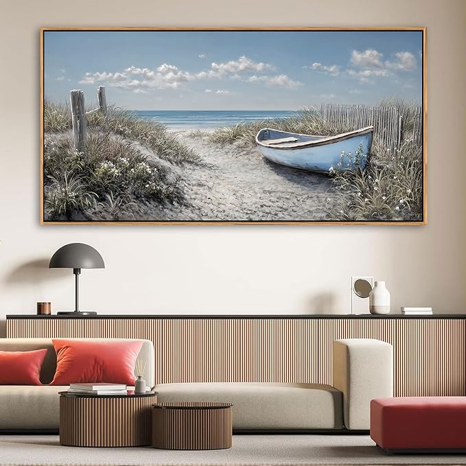Coastal Wall Art for Living Room Vintage Boat Artwork for Walls, Framed Landscape Canvas Wall Art Blue Ocean Beach Pictures, Farmhouse Sailboat Bedroom Decor Above Bed 29×58IN