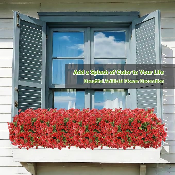 Artificial Flowers Fake Plants for Outdoors Spring Decoration, 13Bundles Silk Realistic UV Resistant Faux Flowers for Outside Planter Porch Yard Patio Garden Home Indoor, Red