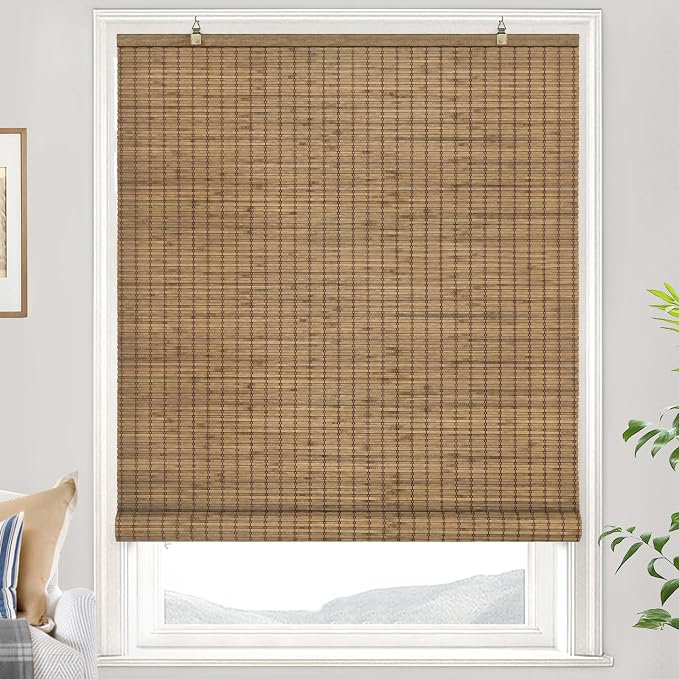 LazBlinds Cordless Bamboo Blinds, Bamboo Roll Up Shades for Windows, Privacy Hanging Window Blinds, Shades for Patio Indoor/Outdoor Porch, 27" W x 48" H, Highfield Teak