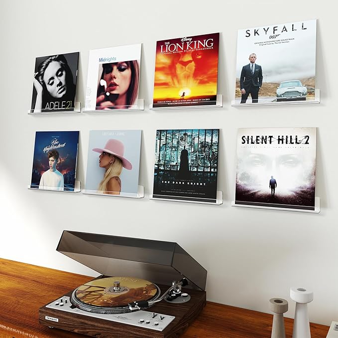 Gotega 8 Pack Vinyl Record Shelf Wall Mount, 12 inch Album Record Holder Display, Clear Acrylic Floating Shelves for Wall, Suitable for Bedroom, Living Room, Magazine Shelf, Kids Bookshelf, etc
