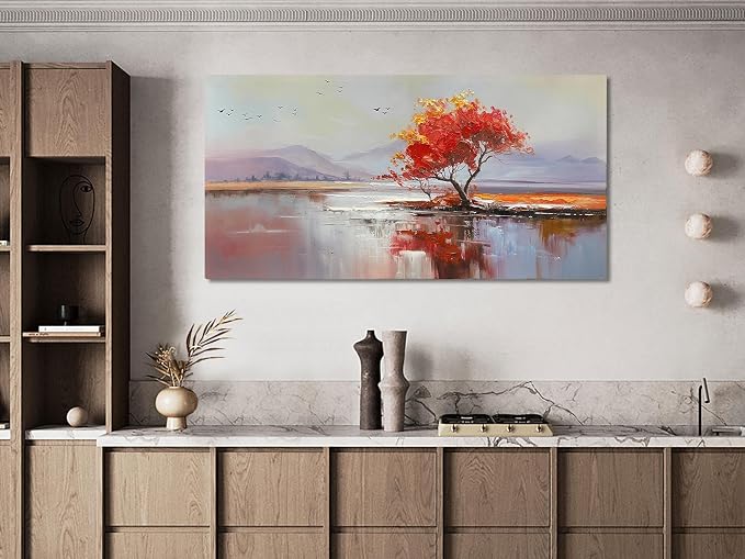 Arjun Landscape Canvas Wall Art Textured Large 48"x24"- Red Tree & Lake Reflection Painting, Soft Toned Nature Prints Picture Framed Artwork for Living Room Bedroom Home Office Wall Decor