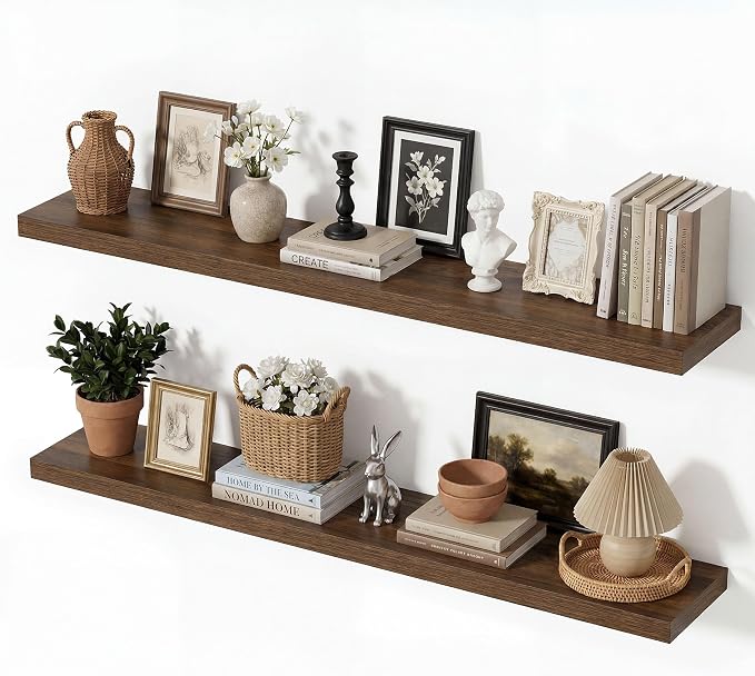Vivelove Wall Floating Shelves for Display with Invisible Brackets, Long Floating Shelves for Bedroom Bathroom Living Room Kitchen Office, 40”X 8" X 1.4", Set of 2 - Walnut
