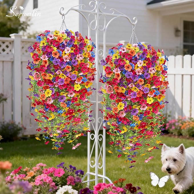 Serwalin 6PCS Artificial Hanging Flowers for Outdoors, UV Resistant Fake Hanging Plants, Realistic Weatherproof Outdoor Decor for Patio, Porch, Garden & Window (Multicolor,6PCS)
