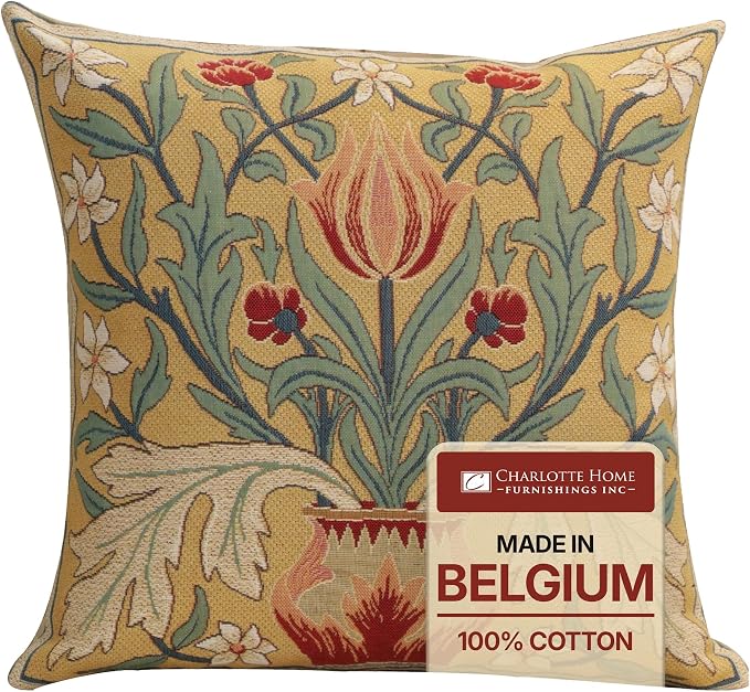 Charlotte Home Furnishings Inc Red Tulip Throw Pillow Covers 18x18, European 100% Cotton Jacquard Woven Fabric, Boho & Vintage Inspired Decorative Cushion for Living Room and Sofa
