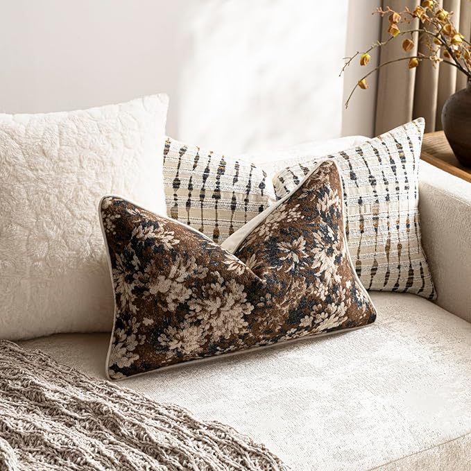 DEZENE Pack of 2 Vintage Floral Pillow Covers 12x20 Boho Farmhouse Accents Chenille Rectangular Lumbar Decorative Throw Pillow Cases for Living Room Couch Bed Home Decor, Dark Brown