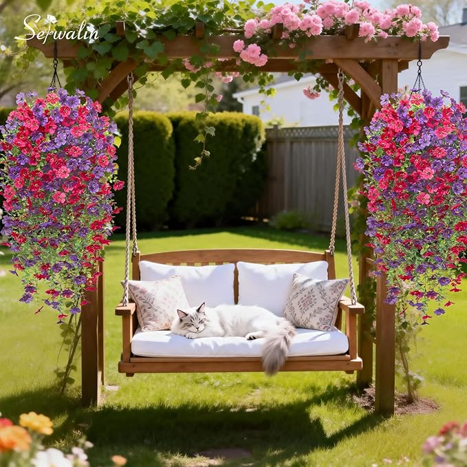 Serwalin 6PCS Artificial Hanging Flowers for Outdoors, UV Resistant Fake Hanging Plants, Realistic Weatherproof Outdoor Decor for Patio, Porch, Garden & Window (Purple& Hot Pink,6PCS)