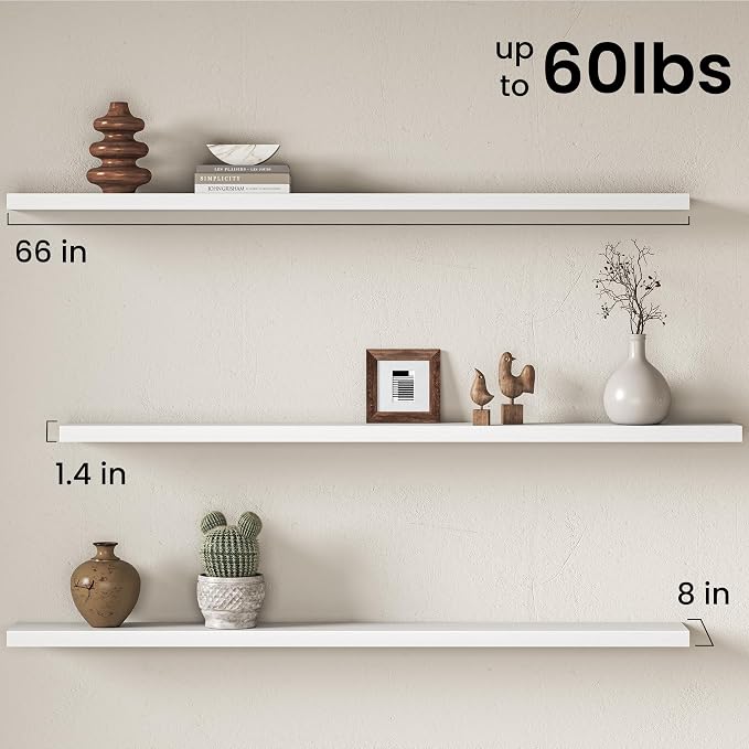 Floating Shelves for Wall, 66 Inch Floating Shelves Set of 2, Wall Mounted Rustic Wood Shelf for Bathroom, Living Room, Bedroom and Kitchen, Hanging Shelf for Storage, Books, Home Decor, White