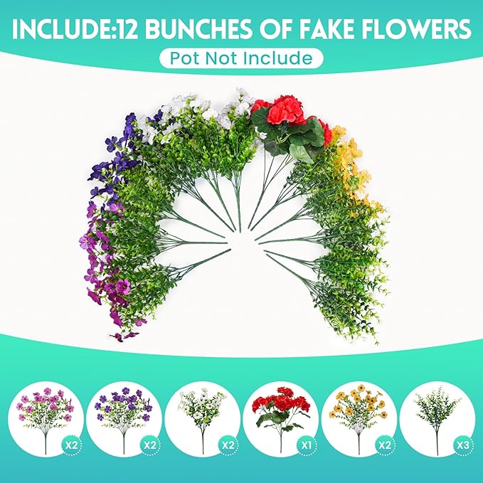 Hrobek Fake Artificial Silk Flowers for Outdoors with Realistic UV Resistant, Faux Plants for Outside Indoor, Home Patio Garden Back Yard Front Porch Decor Spring Summer(12 Bunches)