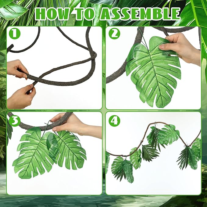 Preboun 102 Pcs 20 ft Jungle Theme Party Decorations Tropical Rainforest Leaves Safari 2026 VBS Artificial Rattan Vines Decoration with 100 Pcs Fake Tropical Palm Leaves for Indoor Outdoor Decor