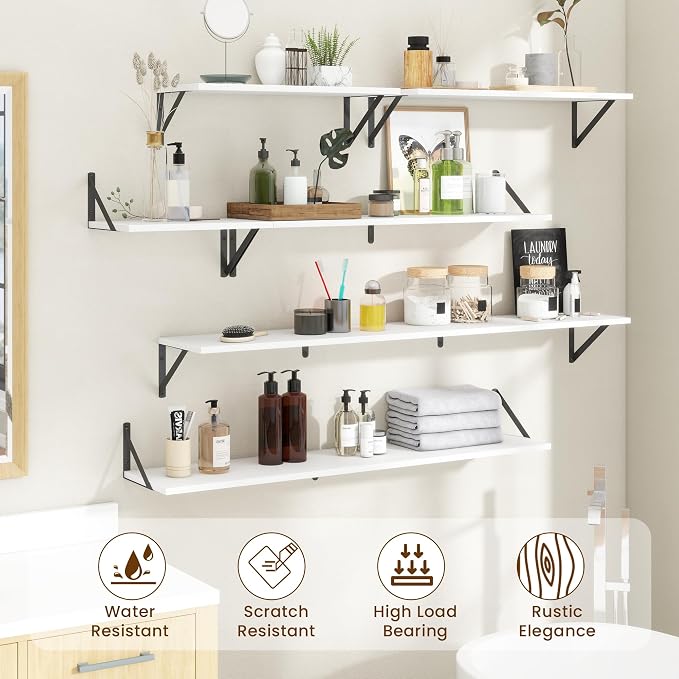 Acovy Floating Shelves for Wall Decor,24" Wx8 D Wall Mount Floating Bookshelf Set of 2,Hanging Storage Shelf with Sturdy Metal Brackets,Wooden Shelf for Living Room,Bedroom,Bathroom,White
